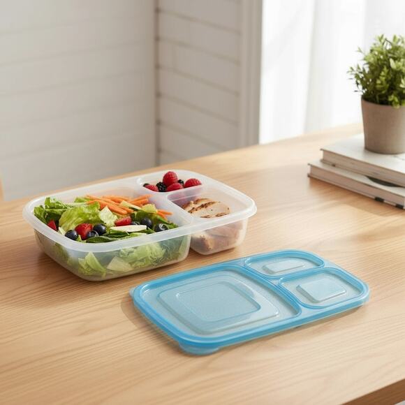 3-Compartment Bento Lunch Box – Set of 6 BPA-Free Containers / Lids & Utensils - Picture 2 of 7